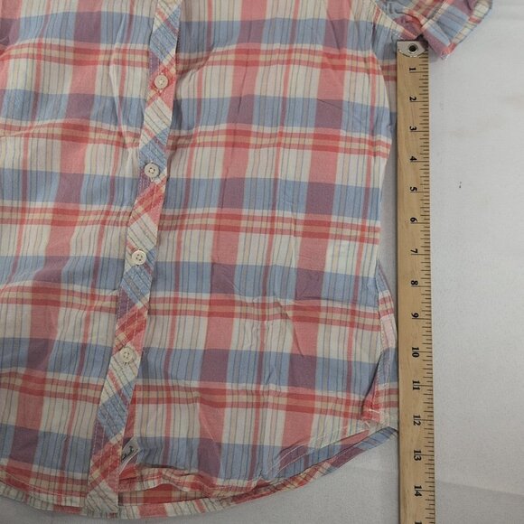 Woolrich Plaid Short Sleeve Blouse Button Up Shirt Collar Pink Blue Women's XS - Picture 10 of 13